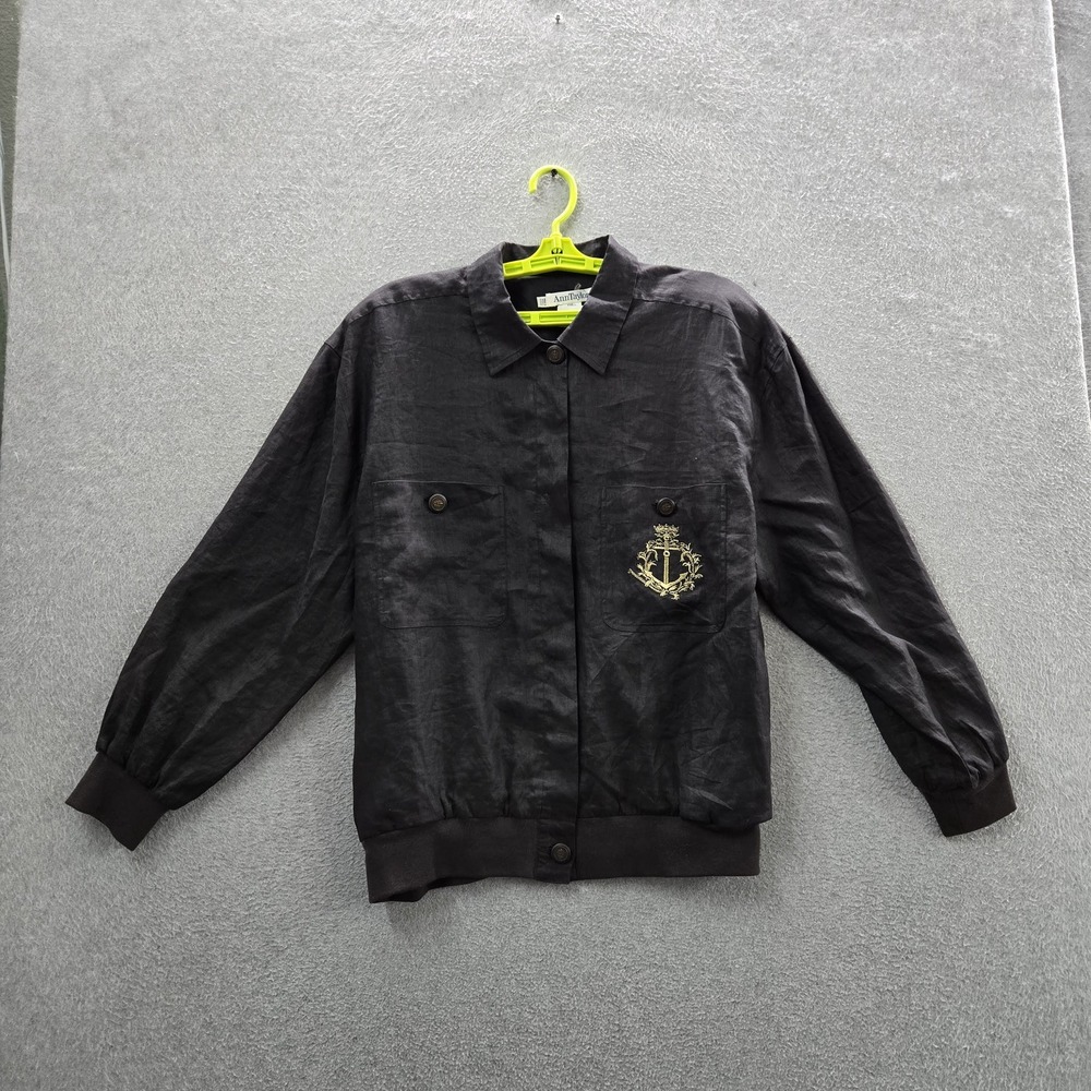 VINTAGE Ann Taylor Women Jacket 12 Black 80s Linen Embroidered Crest Blazer